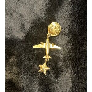 Vintage Gold Tone Earth, Airplane & Star Dangle Pin / Tie Tack Approx. 2.25 "